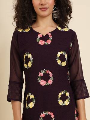 Wine georgette fabric fancy resham embroidery designer floral work kurti 3