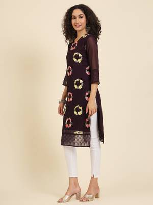 Wine georgette fabric fancy resham embroidery designer floral work kurti 4