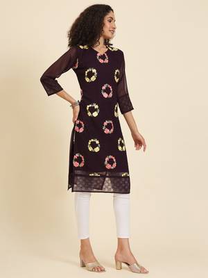 Wine georgette fabric fancy resham embroidery designer floral work kurti 5