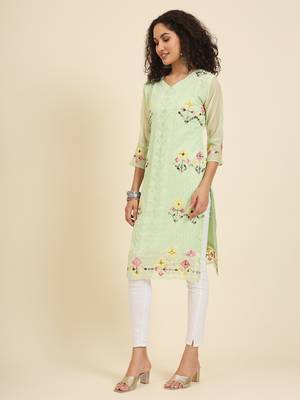 Pista colour georgette fabric resham embroidery work partywear elegant kurti 4