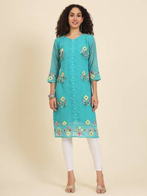 Blue colour georgette fabric resham embroidery work partywear elegant kurti 1