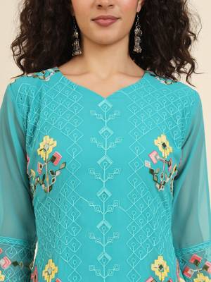 Blue colour georgette fabric resham embroidery work partywear elegant kurti 3