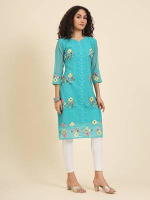 Blue colour georgette fabric resham embroidery work partywear elegant kurti 5