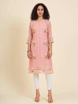 Peach colour georgette fabric resham embroidery work partywear elegant kurti 1