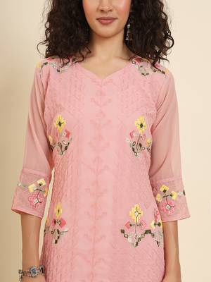 Peach colour georgette fabric resham embroidery work partywear elegant kurti 3