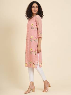 Peach colour georgette fabric resham embroidery work partywear elegant kurti 4
