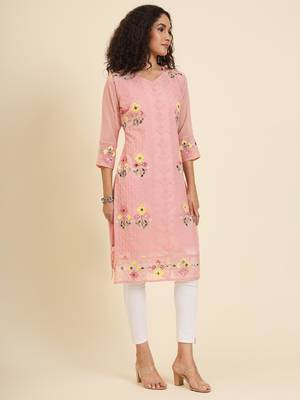 Peach colour georgette fabric resham embroidery work partywear elegant kurti 5