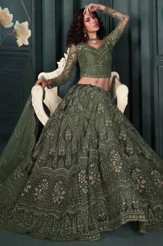 designer mehendi net embroidery bridal lehenga