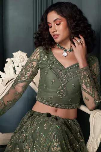 designer mehendi net embroidery bridal lehenga