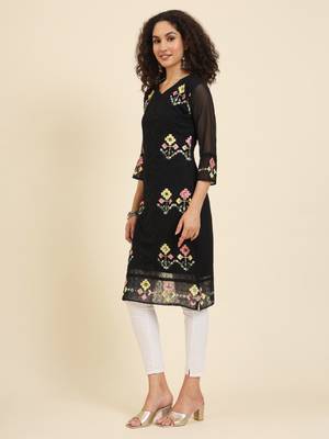 Black colour georgette fabric resham embroidery work partywear elegant kurti 4