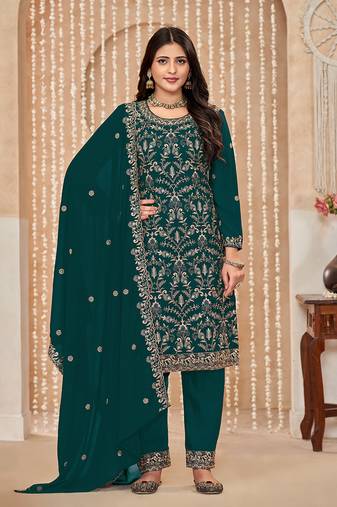 Dark teal embroidered faux georgette festival salwar kameez