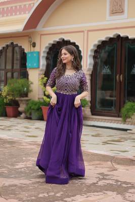 Purple colour beautifully embroidered zari and sequins work rich looks heavy evening gown 1