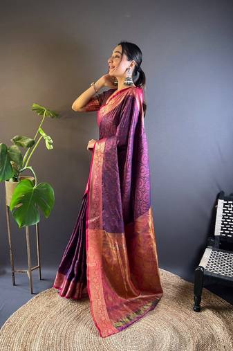 Ethnic And Elegant Maroon Silk Blend Saree With Zari Woven Work For Ceremonial Looks