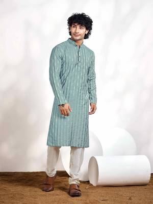 Vardha men's viscose woven jacquard stitched kurta, blue linear striped & diamond jacquard kurtas for men 1