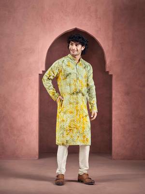 Vardha men's viscose stitched kurta, olive-white flowy leaf pattern shibori dyed ethnic kurtas for men 1