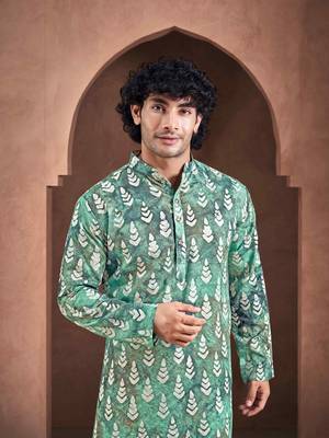 Vardha men's viscose stitched kurta, teal-white flowy leaf pattern shibori dyed ethnic kurtas for men 2