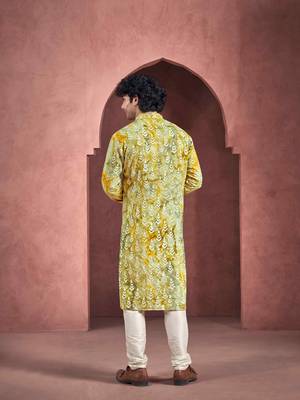 Vardha men's viscose stitched kurta, olive-white flowy leaf pattern shibori dyed ethnic kurtas for men 4