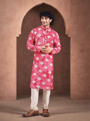 Vardha men's viscose sequence slim kurta, self patterned with block print, shibori dyed kurtas for men, (red) 1