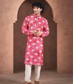 Vardha men's viscose sequence slim kurta, self patterned with block print, shibori dyed kurtas for men, (red)
