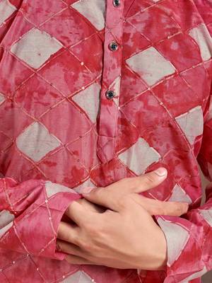 Vardha men's viscose sequence slim kurta, self patterned with block print, shibori dyed kurtas for men, (red) 2