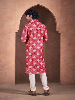 Vardha men's viscose sequence slim kurta, self patterned with block print, shibori dyed kurtas for men, (red) 3