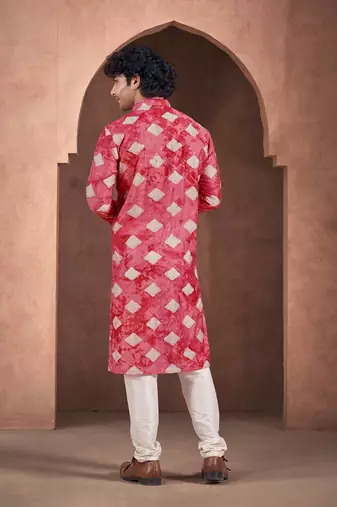 Vardha men's viscose sequence slim kurta, self patterned with block print, shibori dyed kurtas for men, (red)