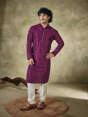 Vardha men's stitched kurta wine pure viscose, sequins embroidered slim fit long sleeves kurta for men 1