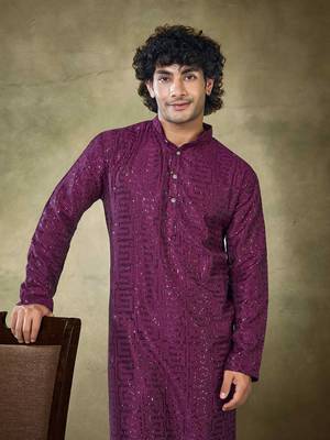 Vardha men's stitched kurta wine pure viscose, sequins embroidered slim fit long sleeves kurta for men 2