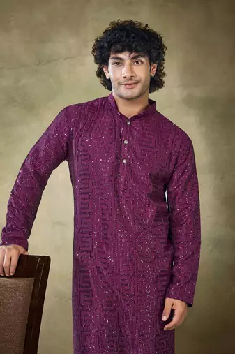 Vardha men's stitched kurta wine pure viscose, sequins embroidered slim fit long sleeves kurta for men