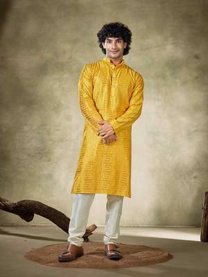 Vardha men's stitched kurta yellow pure viscose, sequins embroidered mandarin collar long sleeves kurta for men 1