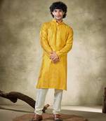 Vardha men's stitched kurta yellow pure viscose, sequins embroidered mandarin collar long sleeves kurta for men