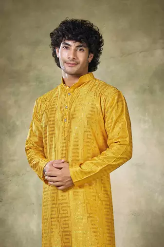 Vardha men's stitched kurta yellow pure viscose, sequins embroidered mandarin collar long sleeves kurta for men