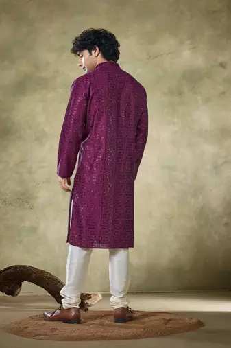 Vardha men's stitched kurta wine pure viscose, sequins embroidered slim fit long sleeves kurta for men