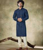 Vardha men's viscose blue kurta linear sequin pattern stitched fit kurta's for men