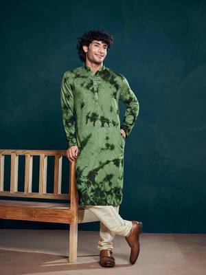 Vardha men's viscose sequence stitched kurta, flowy green pattern shibori dyed ethnic kurtas for men 1