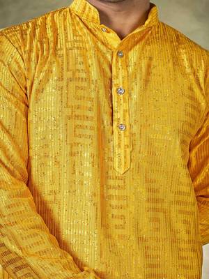Vardha men's stitched kurta yellow pure viscose, sequins embroidered mandarin collar long sleeves kurta for men 3
