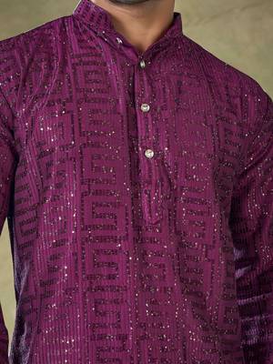 Vardha men's stitched kurta wine pure viscose, sequins embroidered slim fit long sleeves kurta for men 4