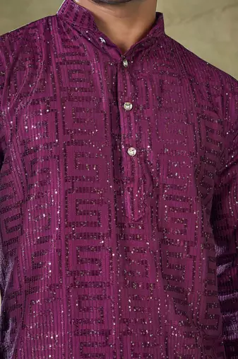 Vardha men's stitched kurta wine pure viscose, sequins embroidered slim fit long sleeves kurta for men
