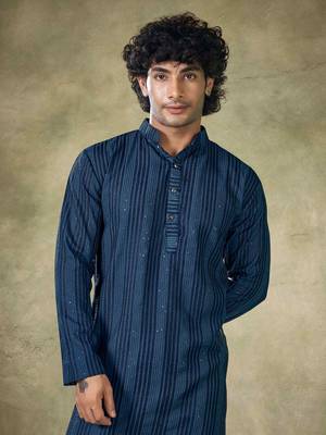 Vardha men's viscose blue kurta linear sequin pattern stitched fit kurta's for men 2