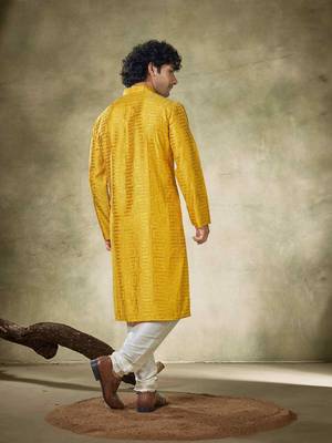 Vardha men's stitched kurta yellow pure viscose, sequins embroidered mandarin collar long sleeves kurta for men 4