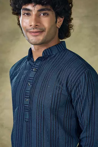 Vardha men's viscose blue kurta linear sequin pattern stitched fit kurta's for men