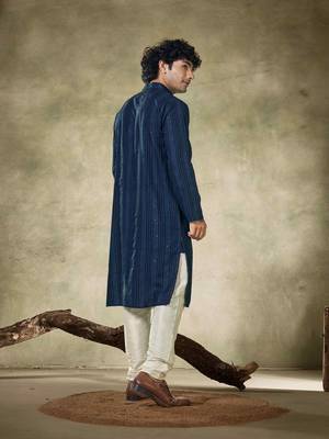 Vardha men's viscose blue kurta linear sequin pattern stitched fit kurta's for men 4