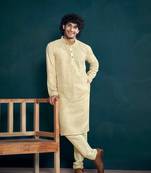 Vardha men's viscose sequin embellished stitched kurta, white pattern thread work long sleeves straight kurta