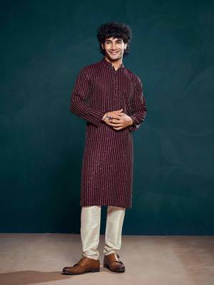 Vardha men's viscose kurta, sequin & thread embroidery, mandarin collar, slim fit, festive & ethnic wear (wine) 1