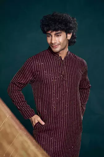Vardha men's viscose kurta, sequin & thread embroidery, mandarin collar, slim fit, festive & ethnic wear (wine)