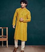 Vardha men's viscose kurta, sequin & thread embroidery, mandarin collar, slim fit, festive & ethnic wear (yellow)