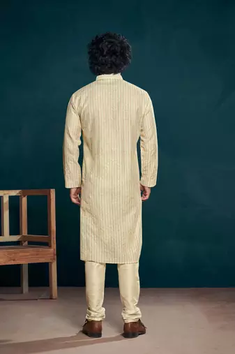 Vardha men's viscose sequin embellished stitched kurta, white pattern thread work long sleeves straight kurta