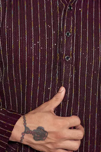 Vardha men's viscose kurta, sequin & thread embroidery, mandarin collar, slim fit, festive & ethnic wear (wine)