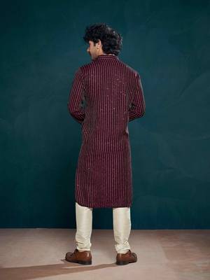Vardha men's viscose kurta, sequin & thread embroidery, mandarin collar, slim fit, festive & ethnic wear (wine) 4
