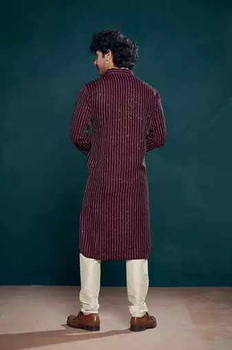 Vardha men's viscose kurta, sequin & thread embroidery, mandarin collar, slim fit, festive & ethnic wear (wine)